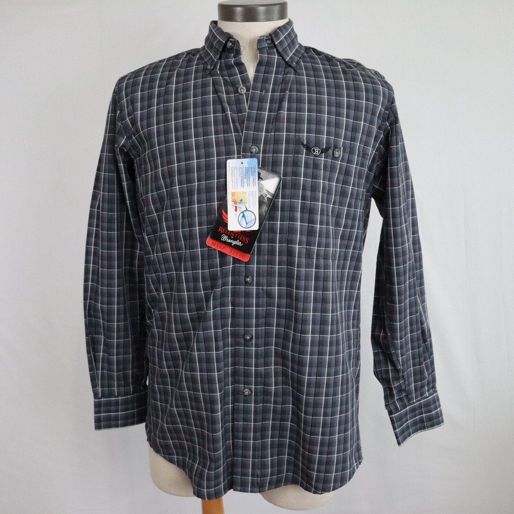 Relentless by Wrangler Shirt Mens Small Button‎ Down Gray Plaid Long Sleeve NWT